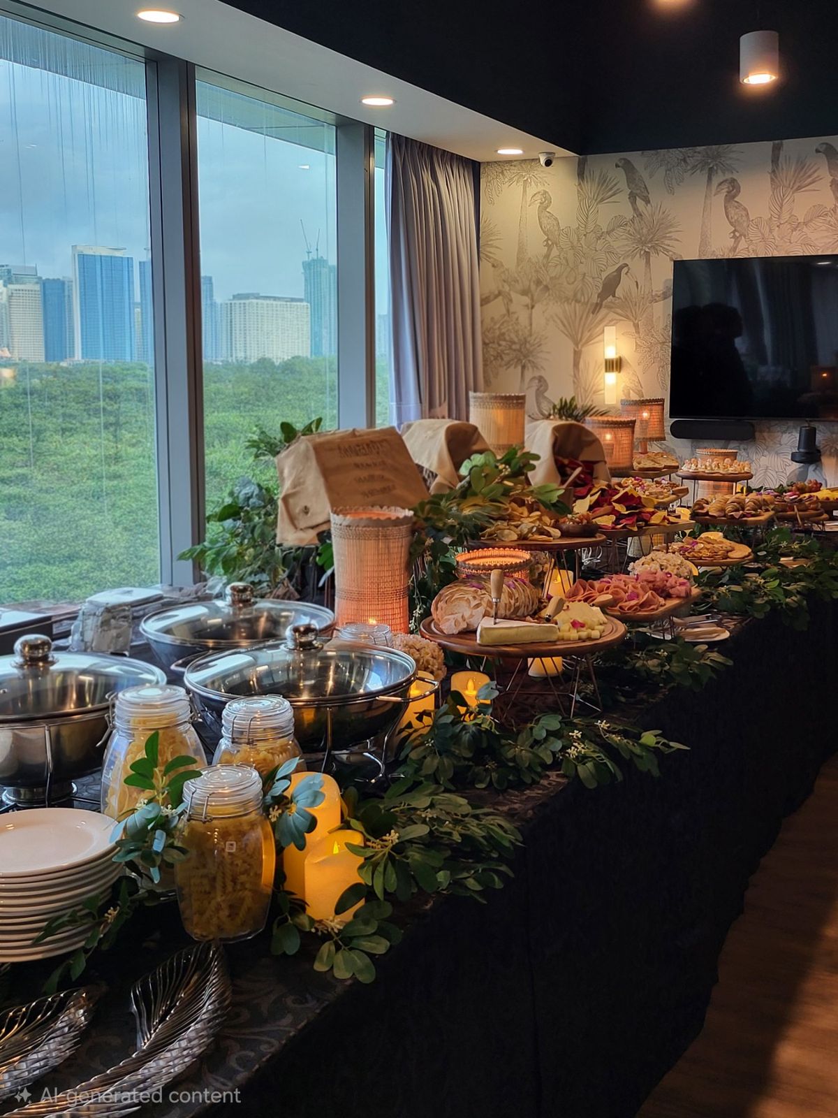 Annielito's buffet styled with fresh greenery