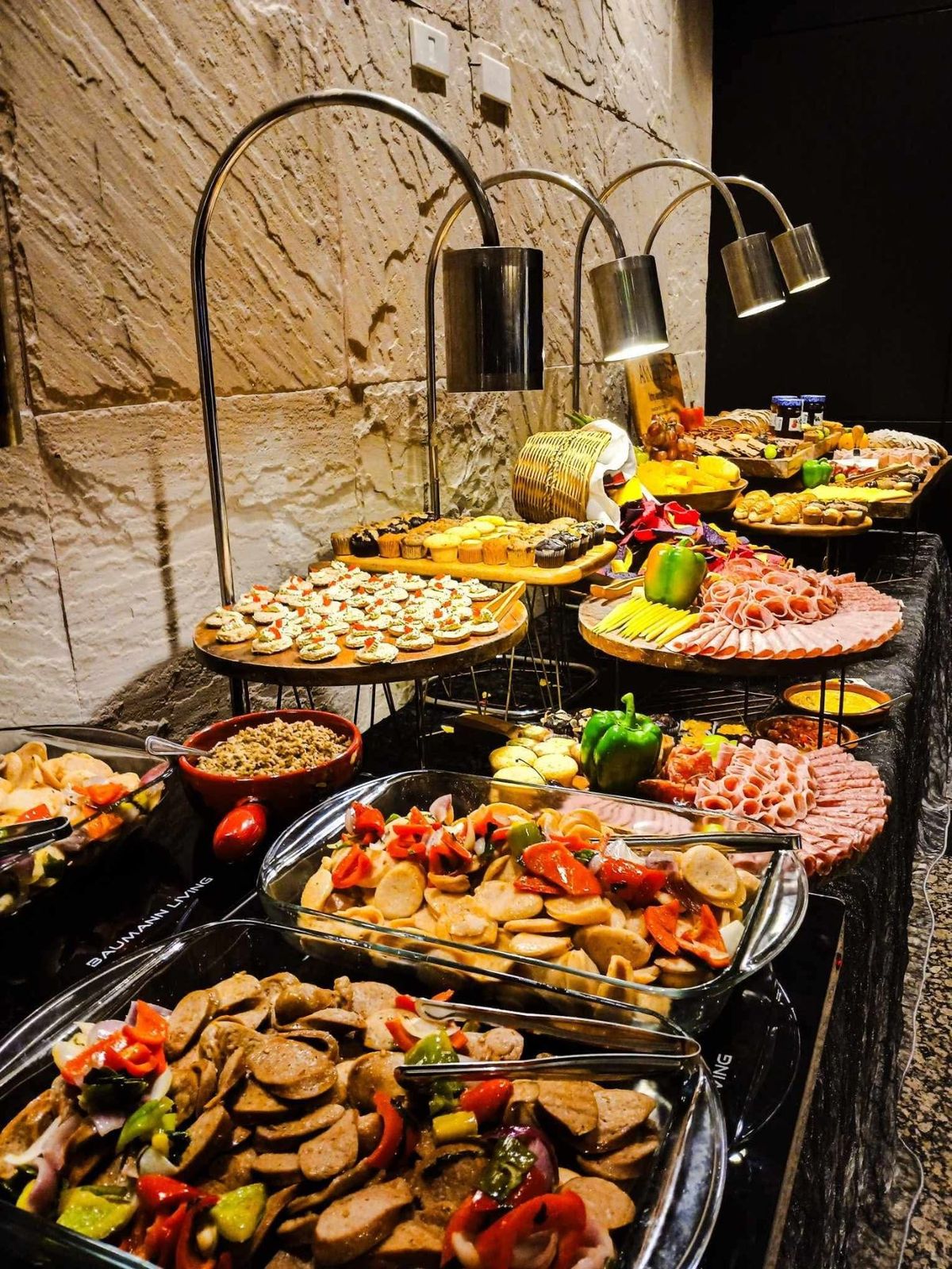Elegant buffet spread with chafing dishes